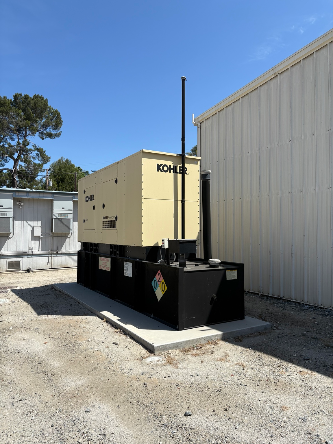 Kohler standby generator installed on a concrete pad beside an industrial building