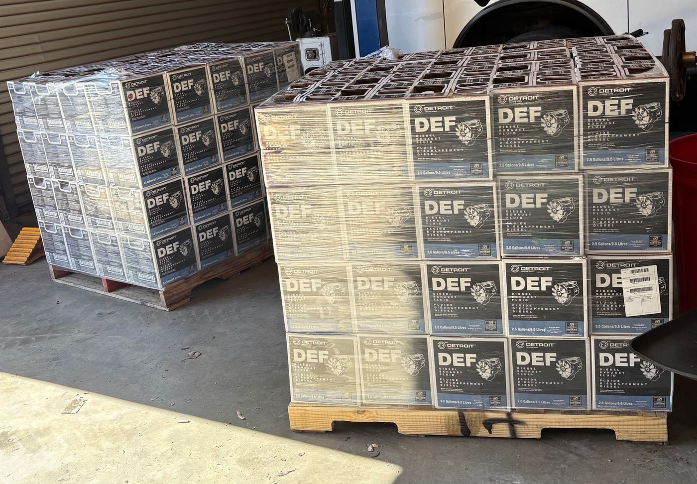 Shrink-wrapped pallets of boxed diesel exhaust fluid