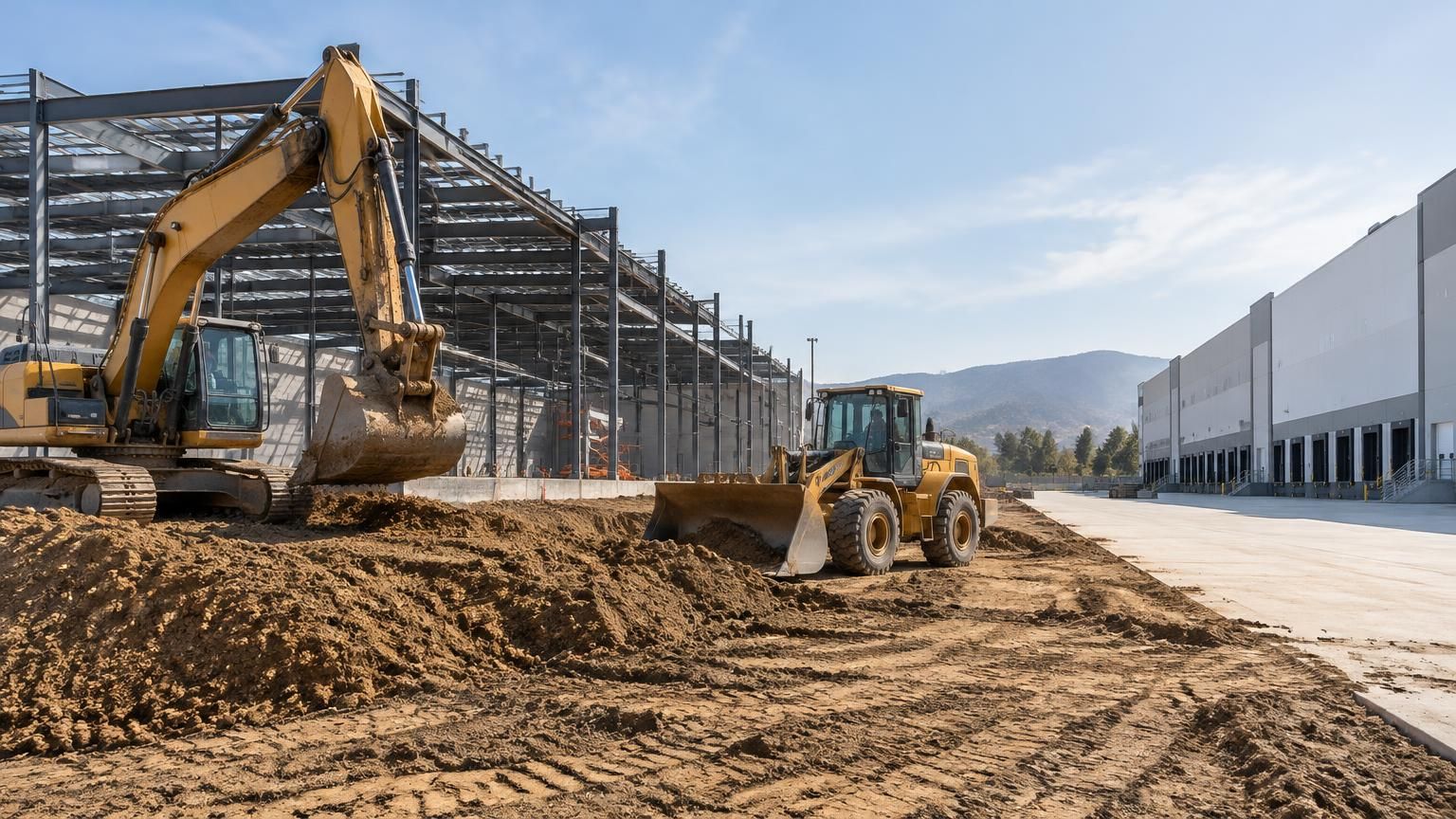 Unbranded excavator and wheel loader at a commercial warehouse construction site